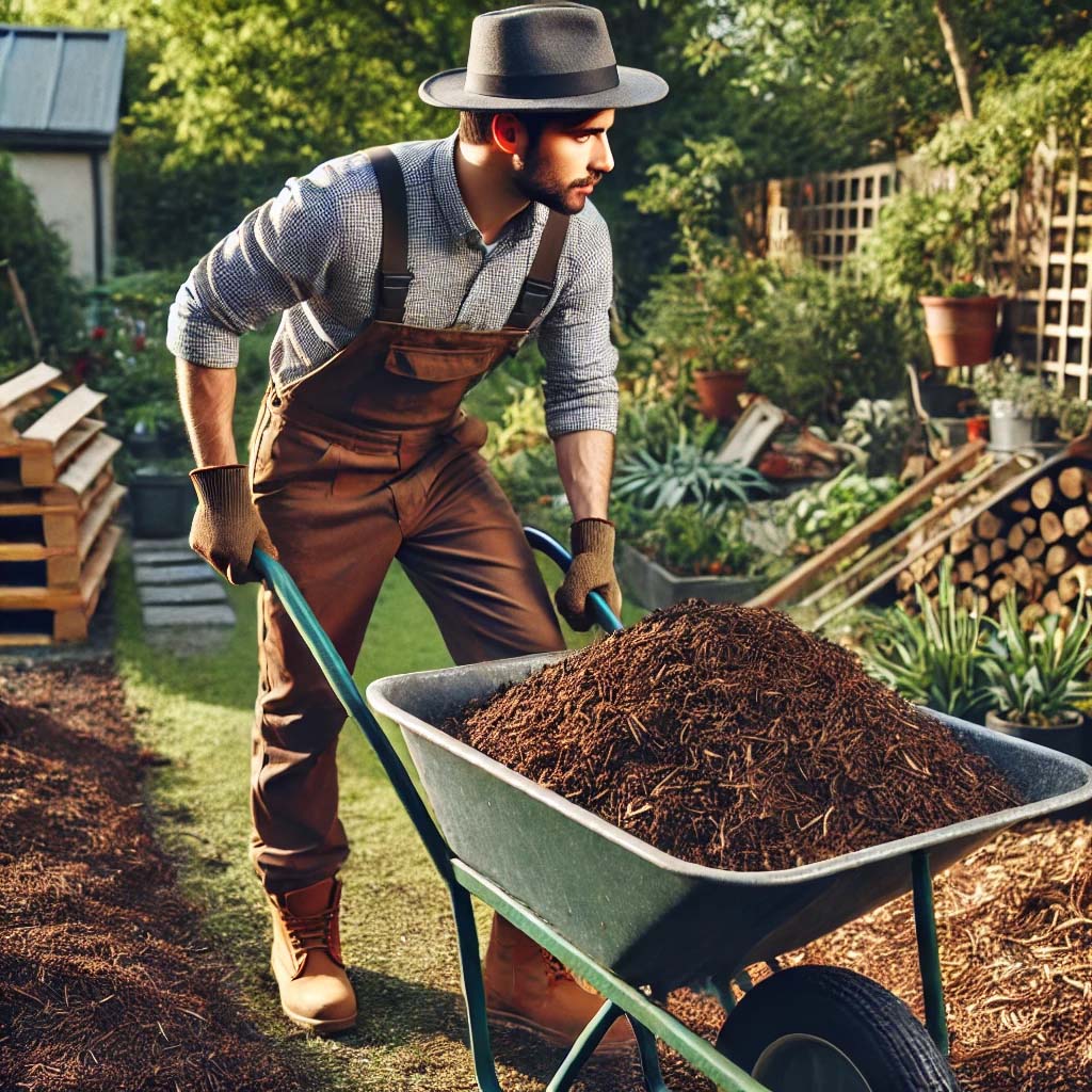 gardener moving mulch.